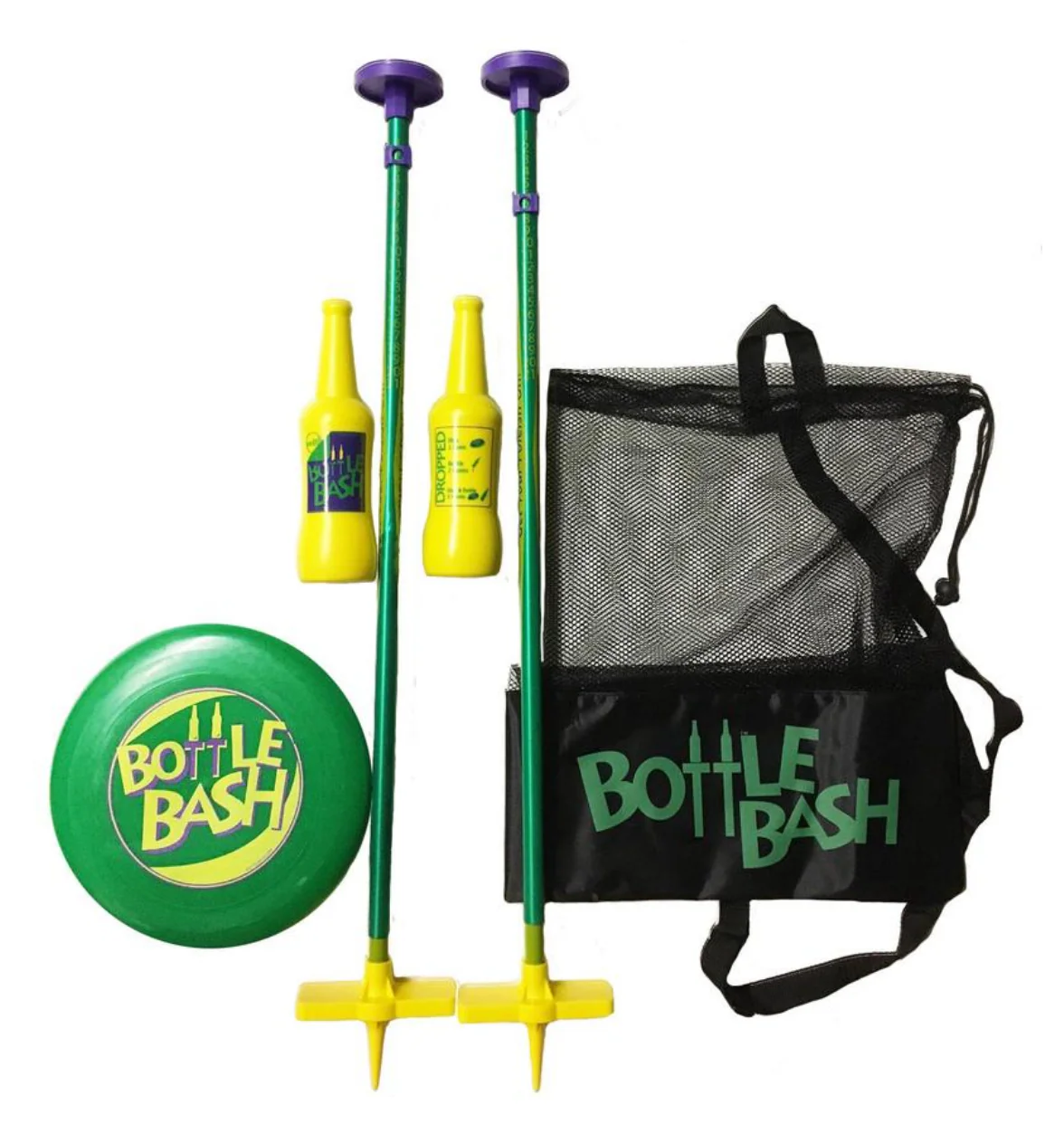 Bottle Bash yard game set with poles, bottles, and flying disc