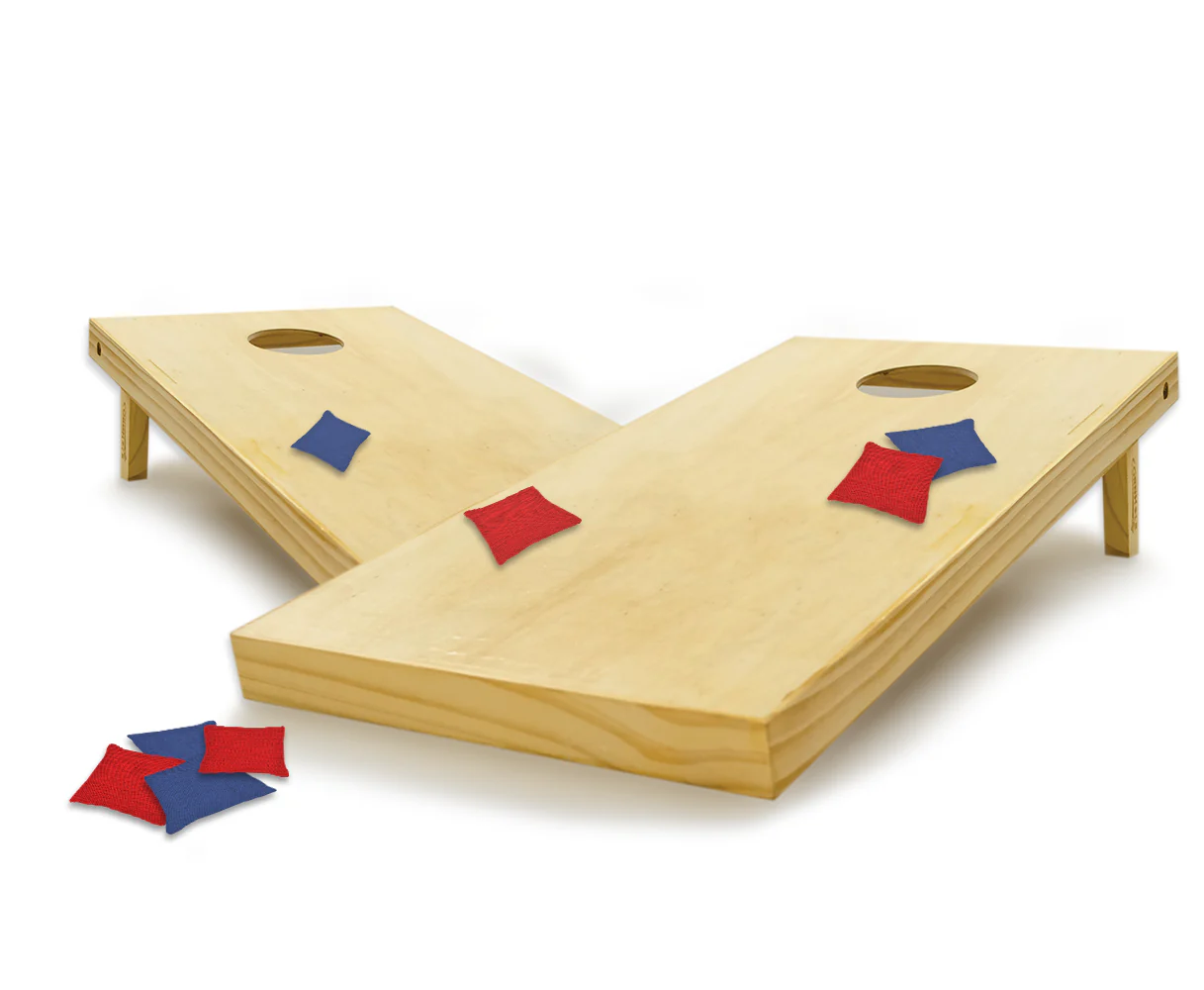 Cornhole boards with red and blue bean bags