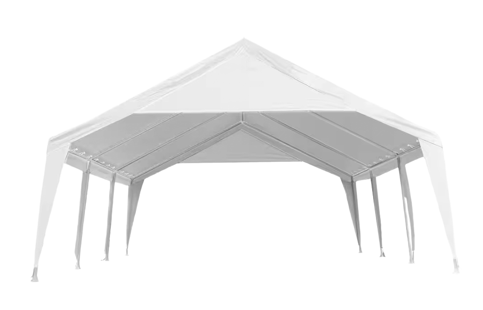 Open-sided 20 by 20 white canopy tent